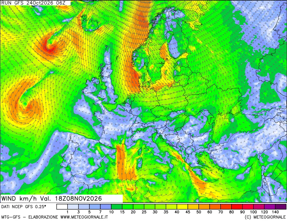 mappa 10 m Vento forza e direzione