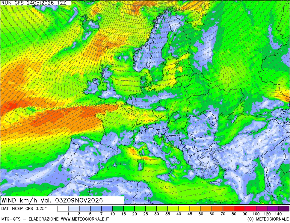 mappa 10 m Vento forza e direzione