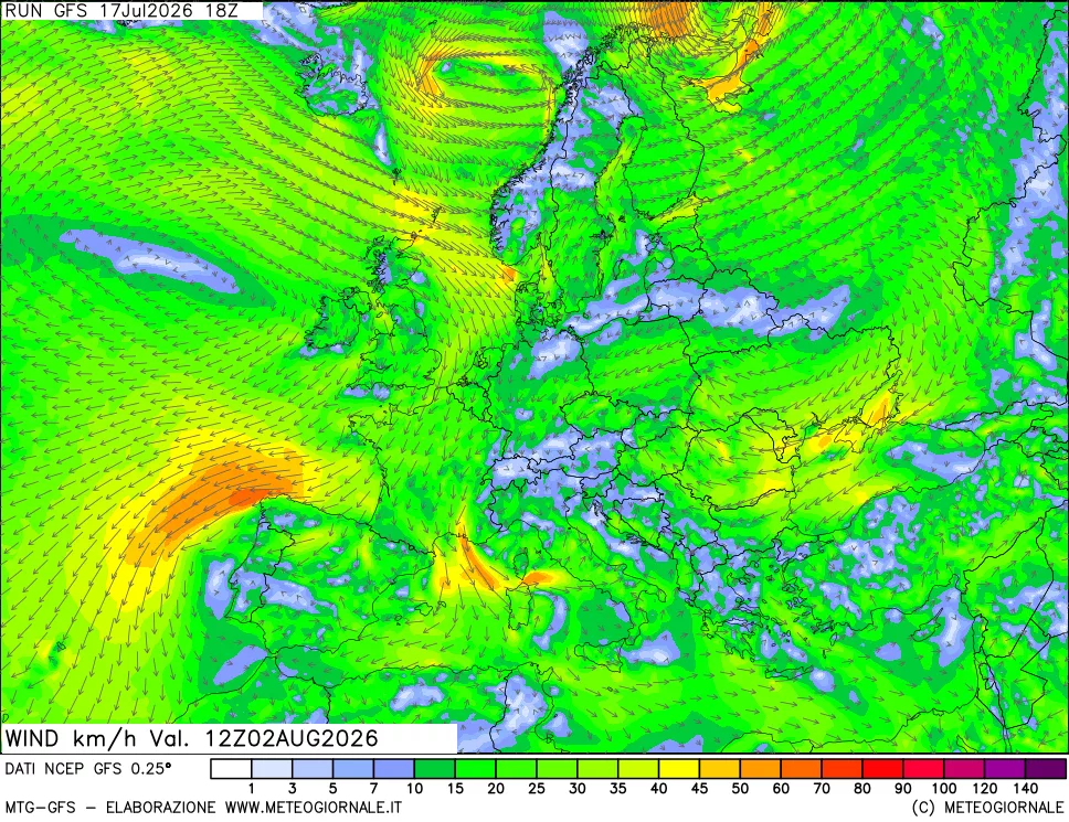mappa 10 m Vento forza e direzione