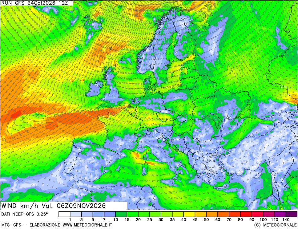 mappa 10 m Vento forza e direzione