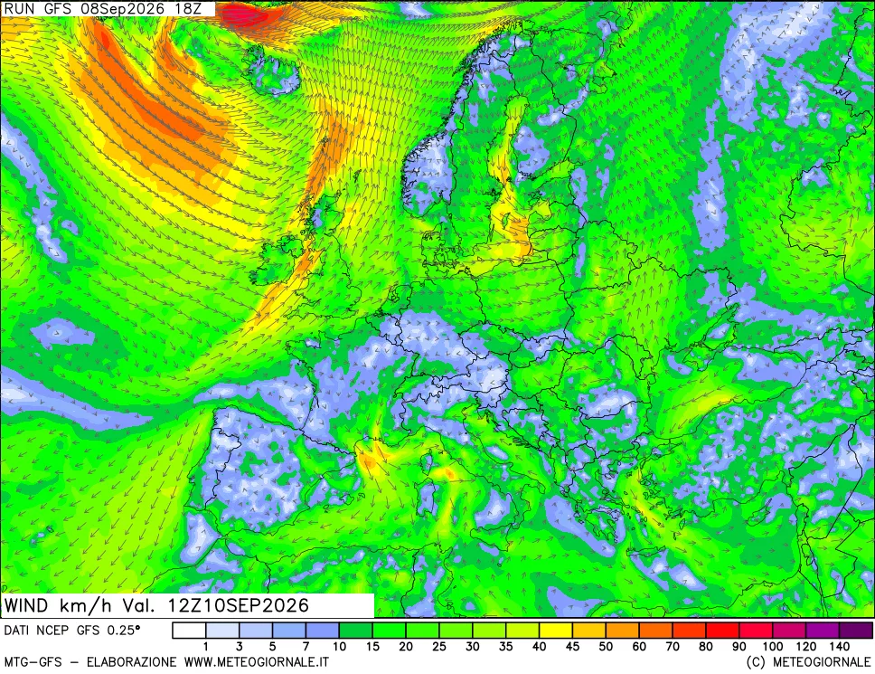 mappa 10 m Vento forza e direzione