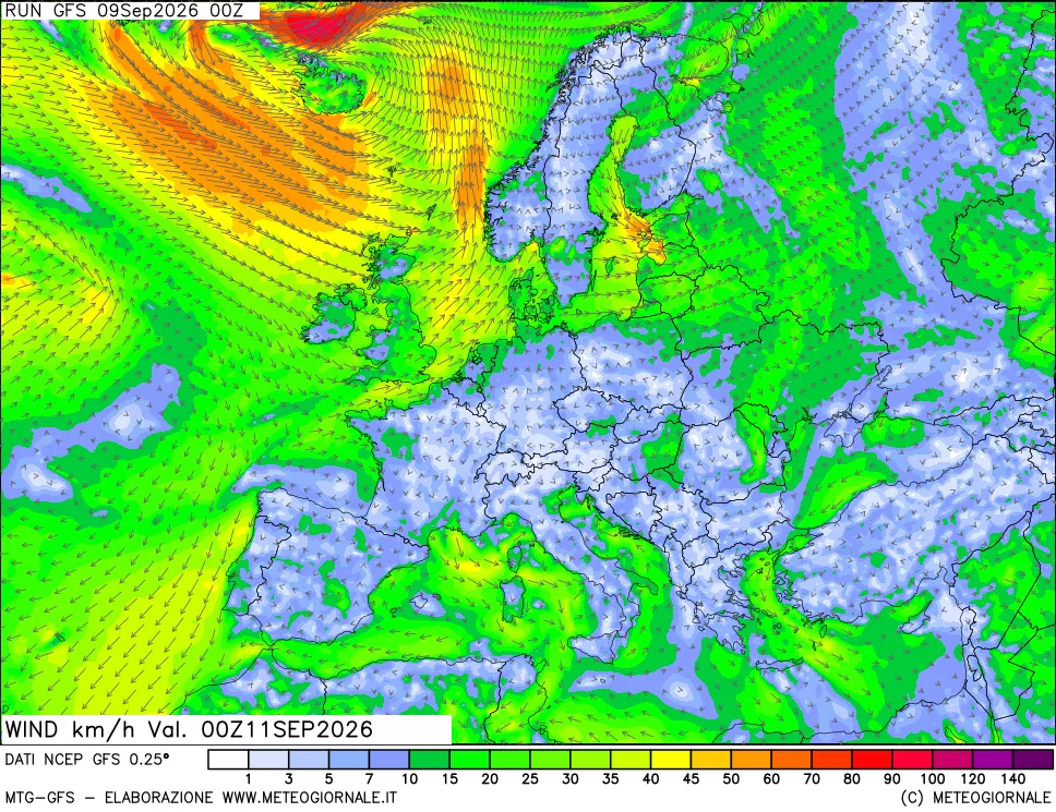 mappa 10 m Vento forza e direzione
