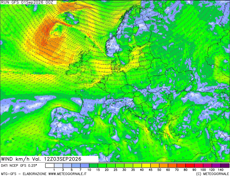 mappa 10 m Vento forza e direzione