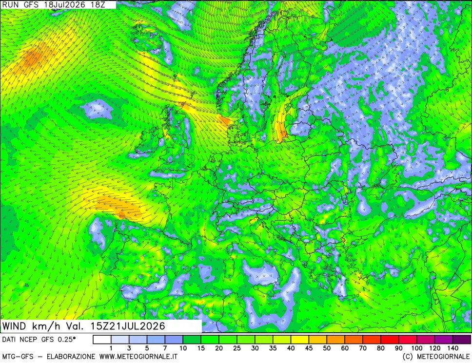 mappa 10 m Vento forza e direzione