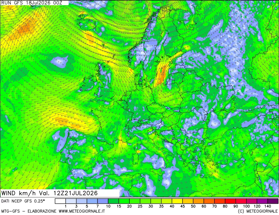 mappa 10 m Vento forza e direzione