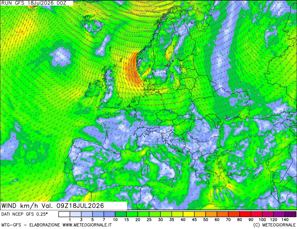 mappa 10 m Vento forza e direzione