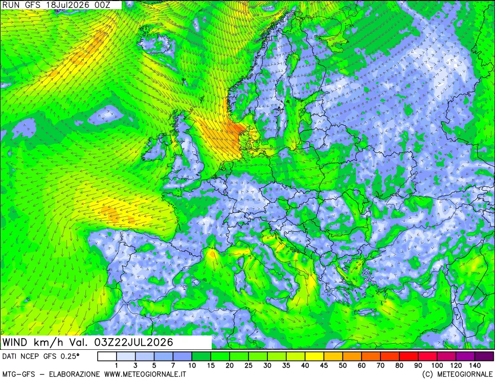 mappa 10 m Vento forza e direzione