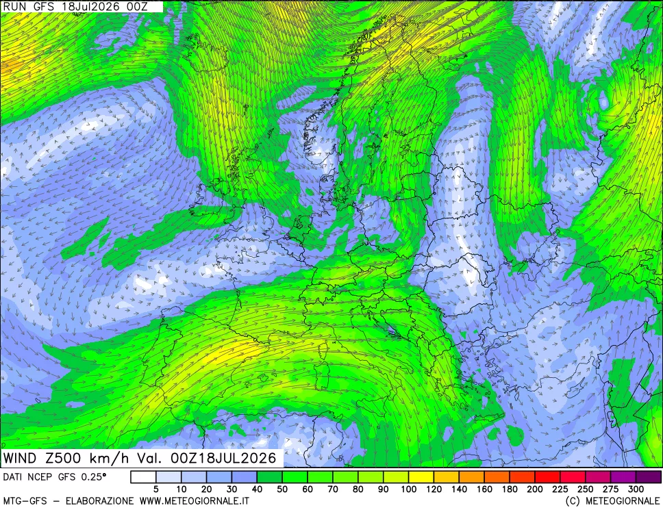 mappa 500 hPa Vento forza e direzione