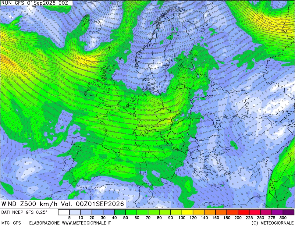 mappa 500 hPa Vento forza e direzione
