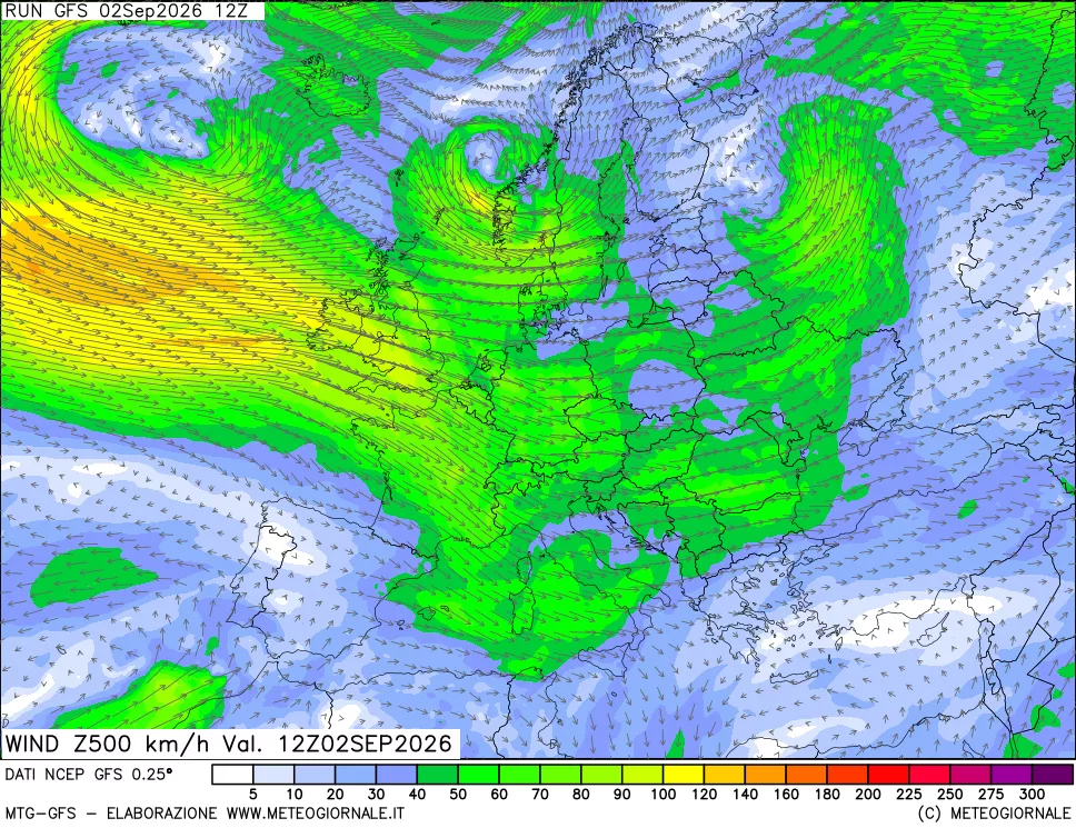 mappa 500 hPa Vento forza e direzione