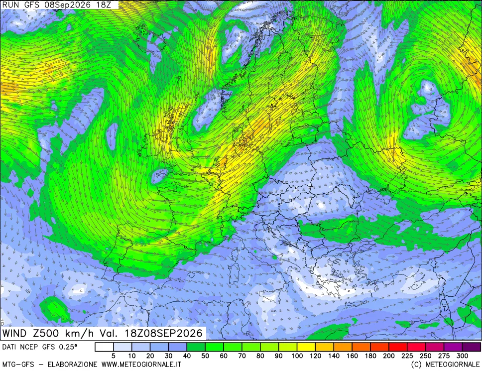 mappa 500 hPa Vento forza e direzione