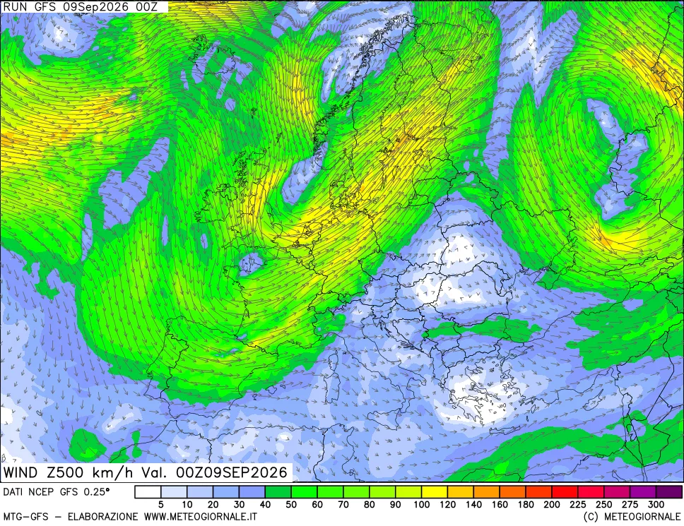 mappa 500 hPa Vento forza e direzione