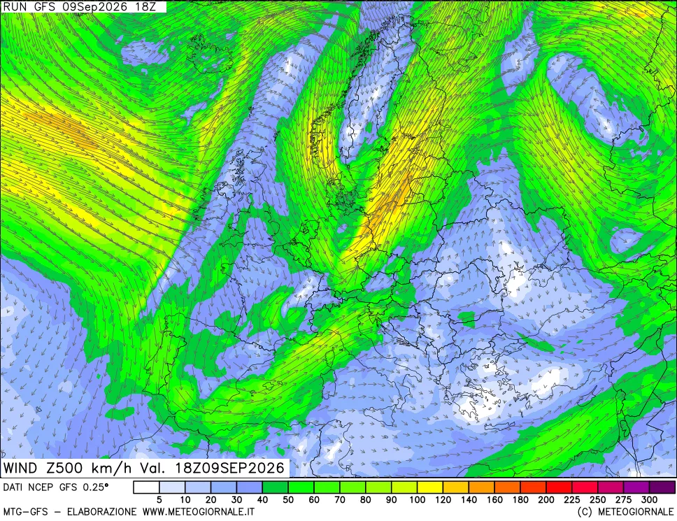 mappa 500 hPa Vento forza e direzione