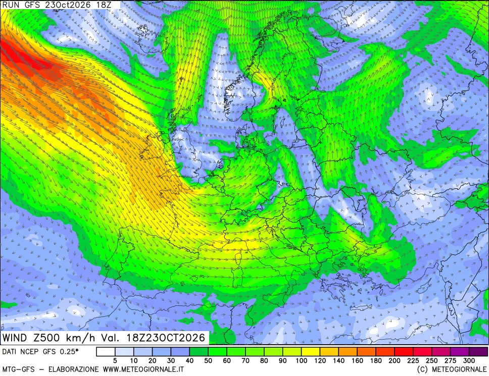 mappa 500 hPa Vento forza e direzione