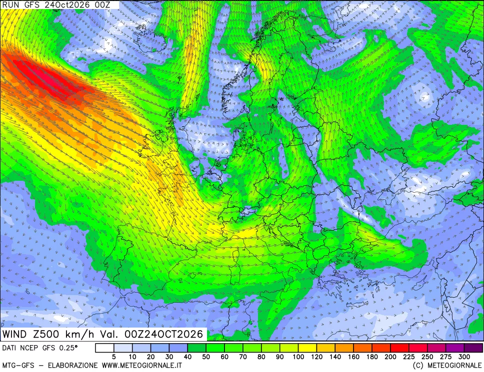 mappa 500 hPa Vento forza e direzione