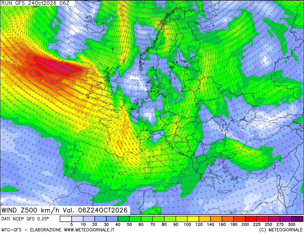 mappa 500 hPa Vento forza e direzione