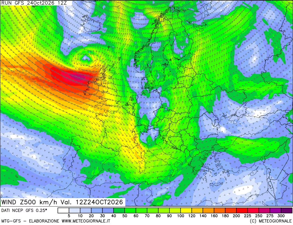 mappa 500 hPa Vento forza e direzione