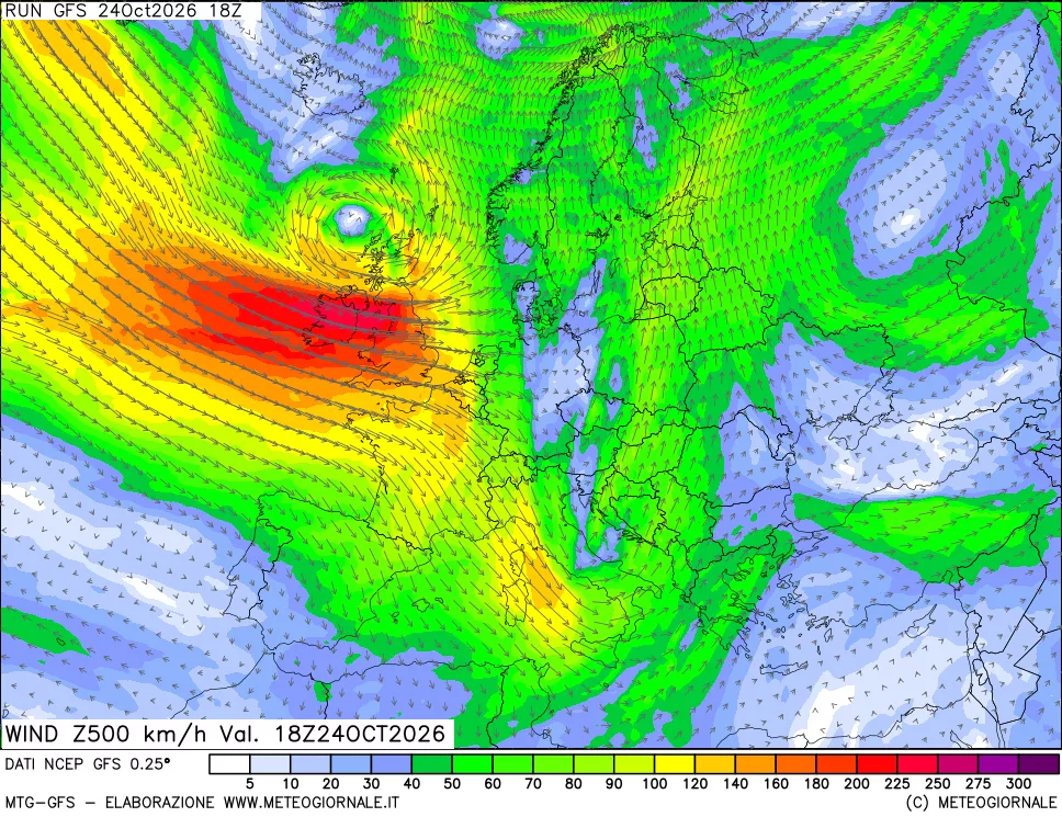 mappa 500 hPa Vento forza e direzione
