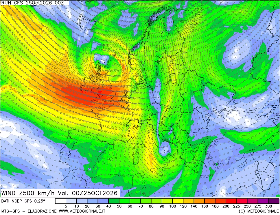 mappa 500 hPa Vento forza e direzione