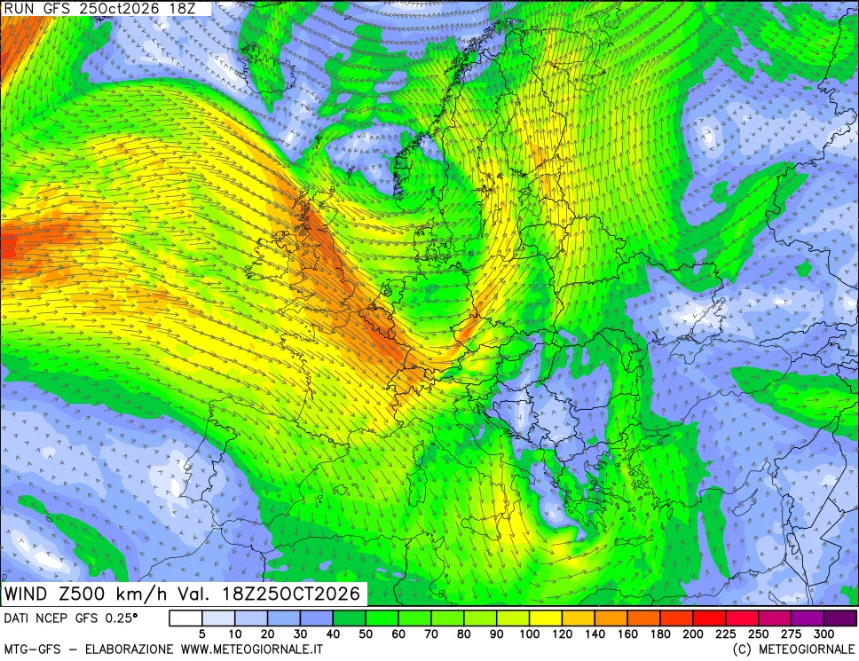 mappa 500 hPa Vento forza e direzione