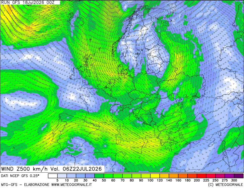 mappa 500 hPa Vento forza e direzione