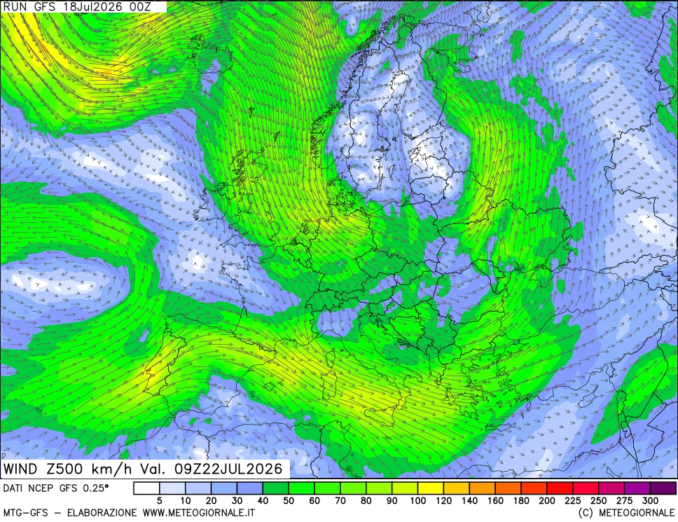 mappa 500 hPa Vento forza e direzione