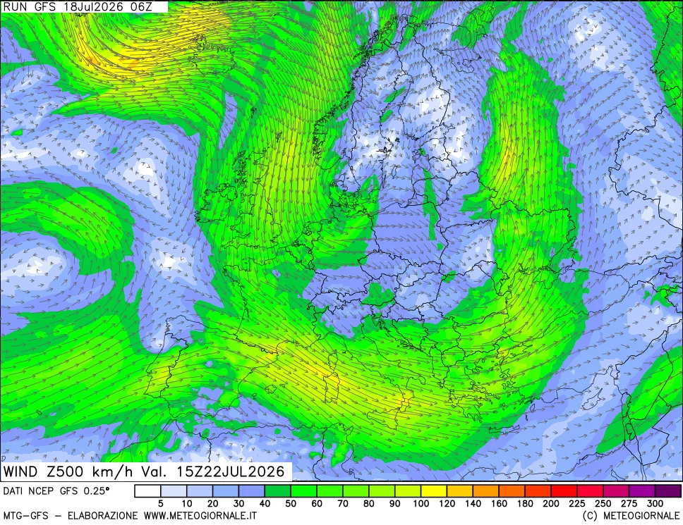 mappa 500 hPa Vento forza e direzione