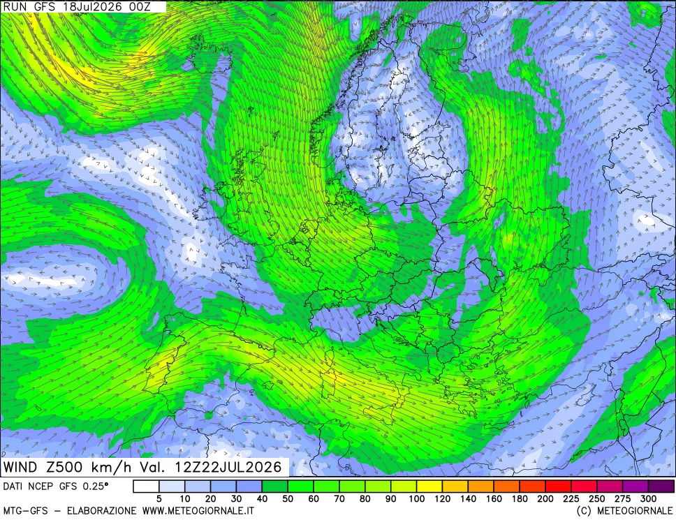 mappa 500 hPa Vento forza e direzione