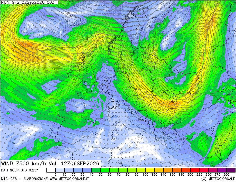 mappa 500 hPa Vento forza e direzione