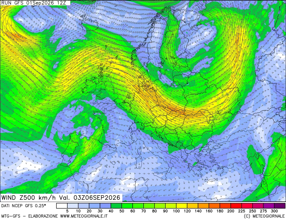 mappa 500 hPa Vento forza e direzione