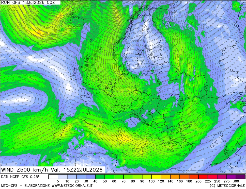 mappa 500 hPa Vento forza e direzione