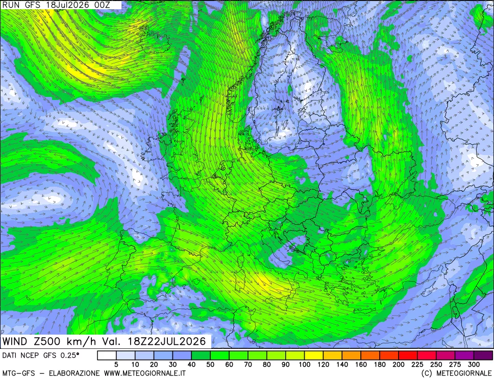 mappa 500 hPa Vento forza e direzione