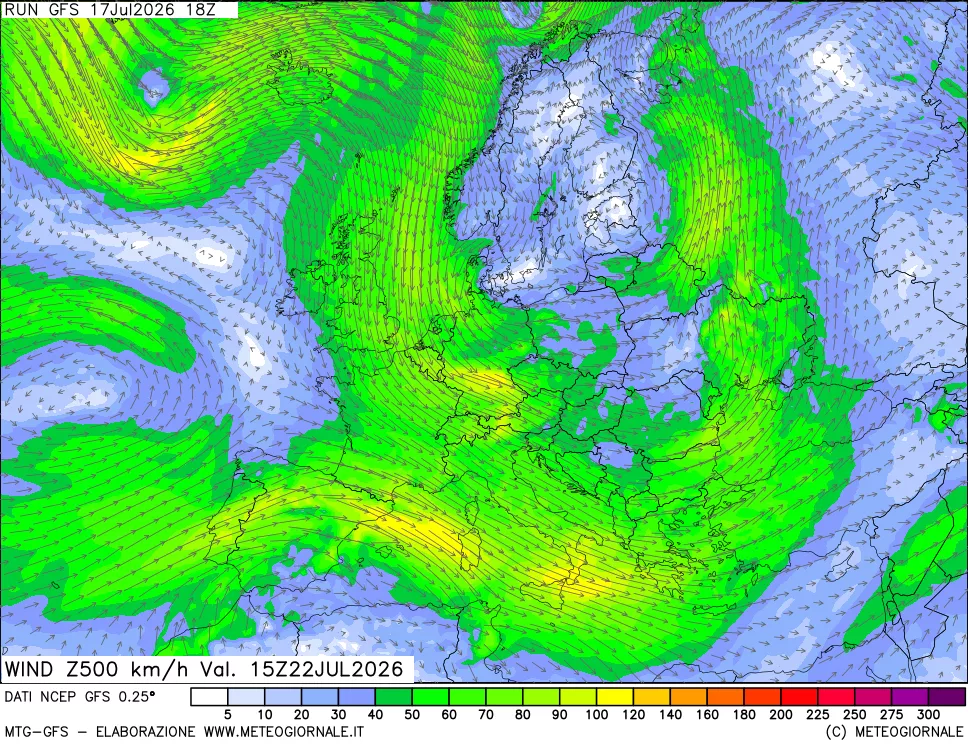 mappa 500 hPa Vento forza e direzione