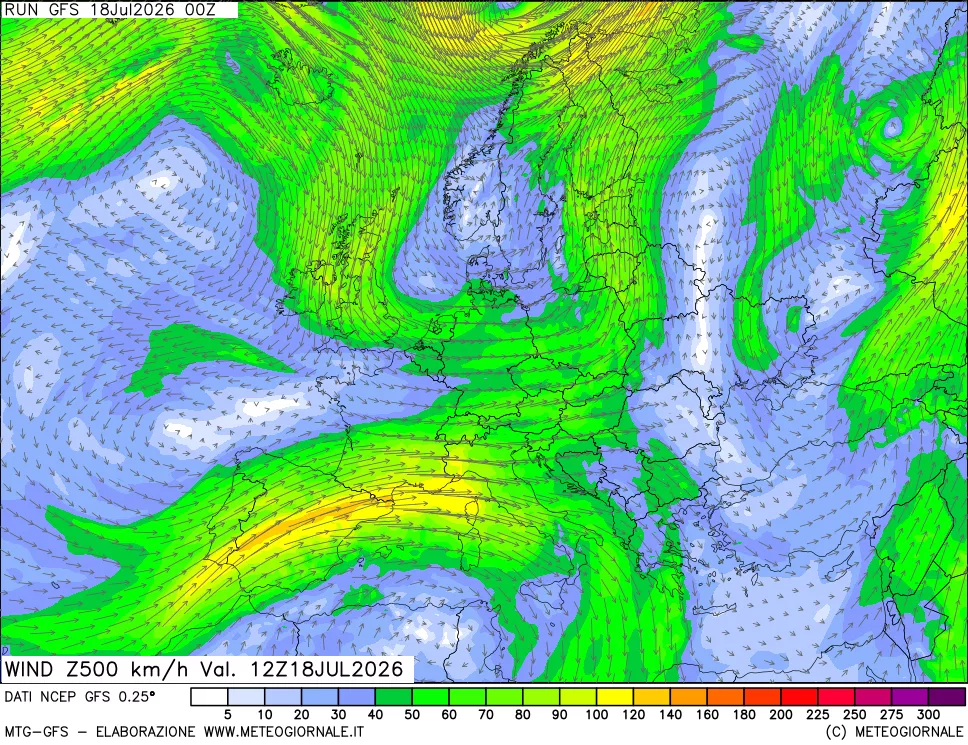 mappa 500 hPa Vento forza e direzione