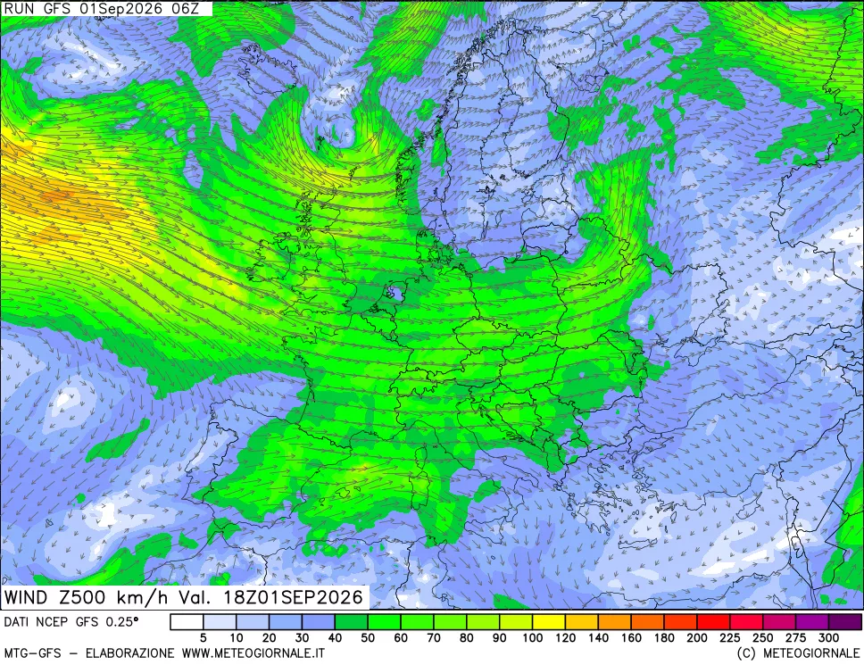 mappa 500 hPa Vento forza e direzione