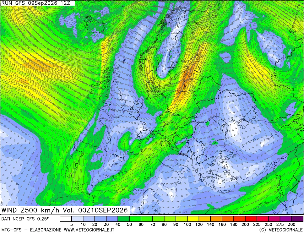 mappa 500 hPa Vento forza e direzione