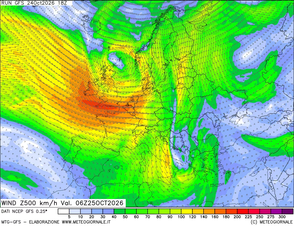 mappa 500 hPa Vento forza e direzione