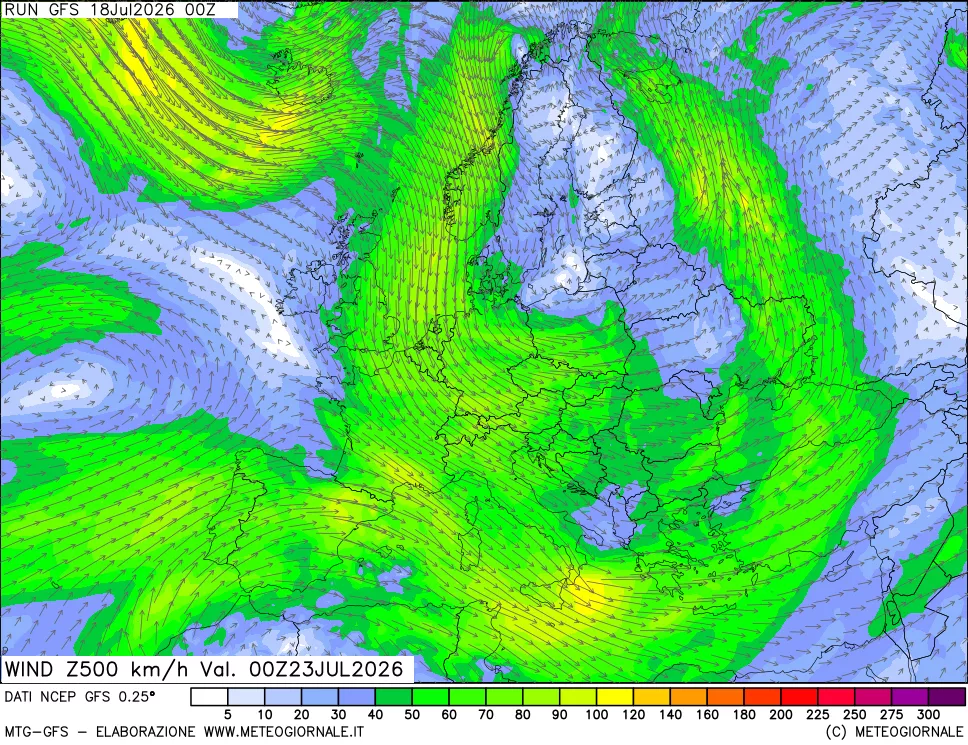 mappa 500 hPa Vento forza e direzione