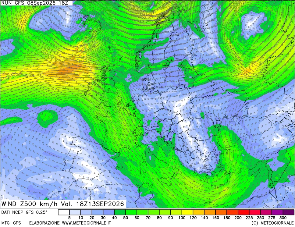 mappa 500 hPa Vento forza e direzione