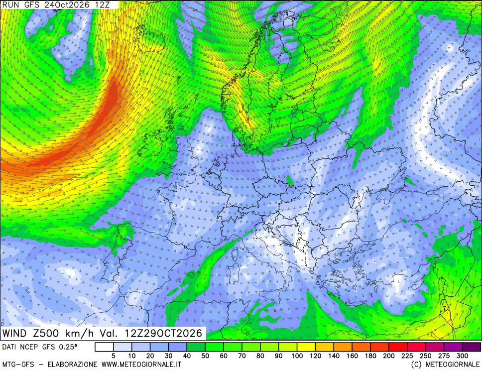 mappa 500 hPa Vento forza e direzione