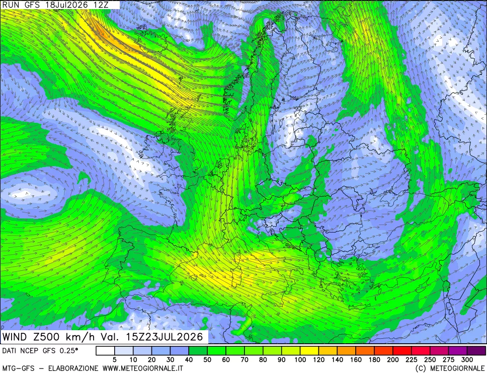 mappa 500 hPa Vento forza e direzione