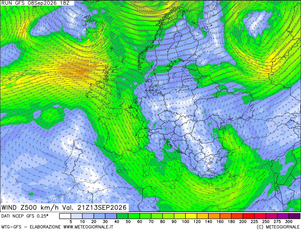 mappa 500 hPa Vento forza e direzione