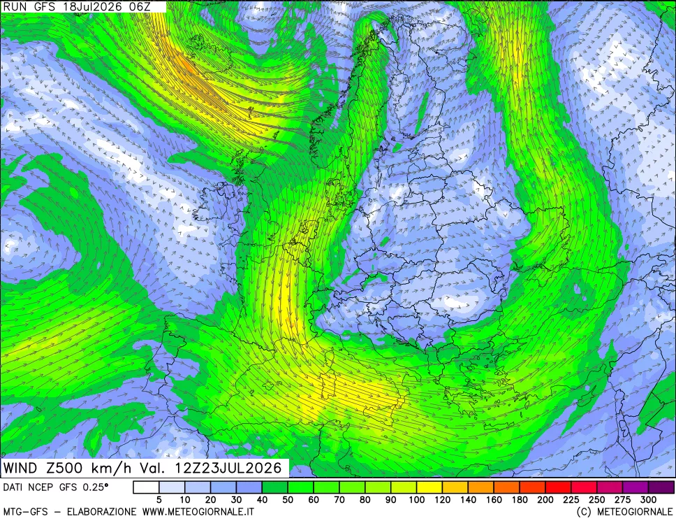 mappa 500 hPa Vento forza e direzione