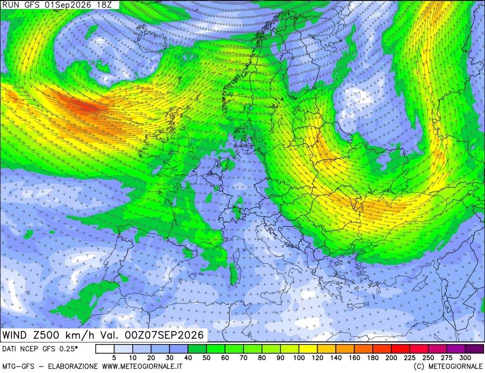 mappa 500 hPa Vento forza e direzione