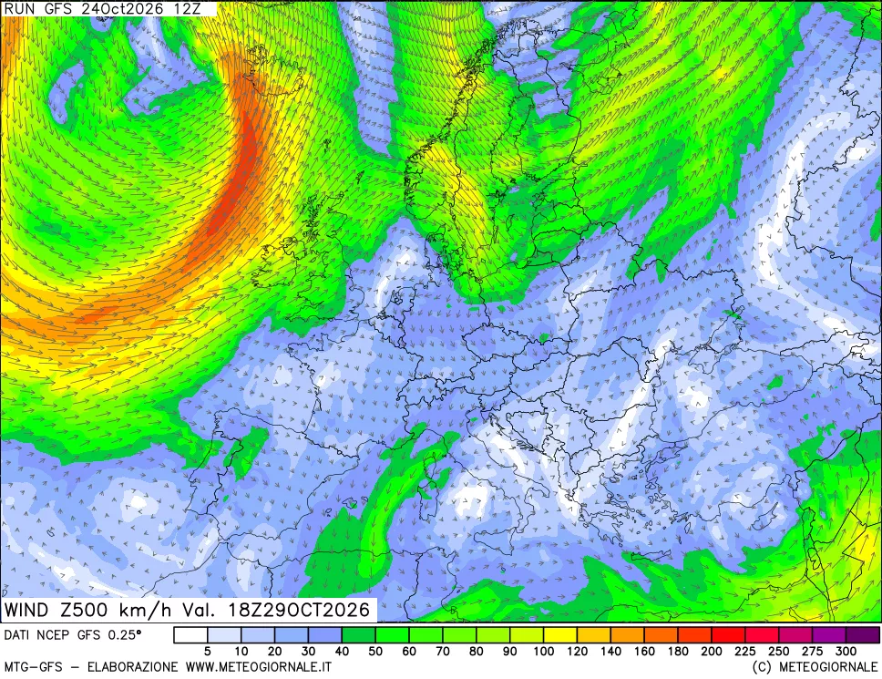 mappa 500 hPa Vento forza e direzione