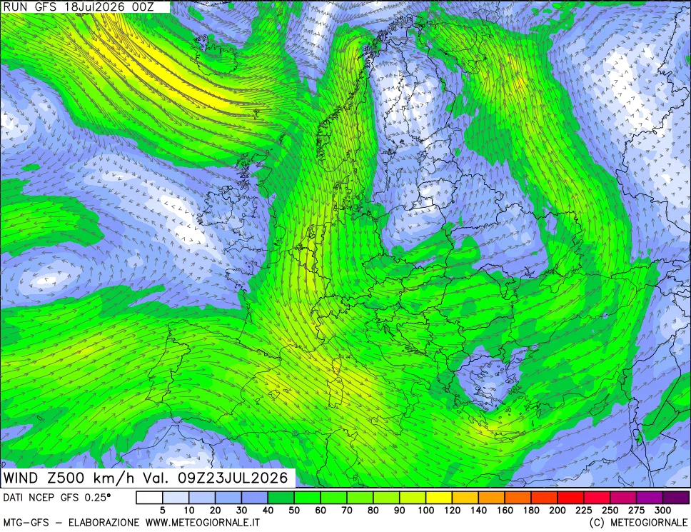 mappa 500 hPa Vento forza e direzione