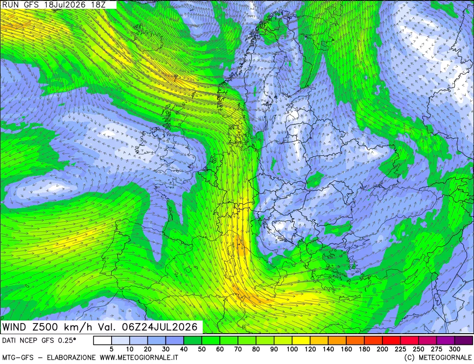 mappa 500 hPa Vento forza e direzione