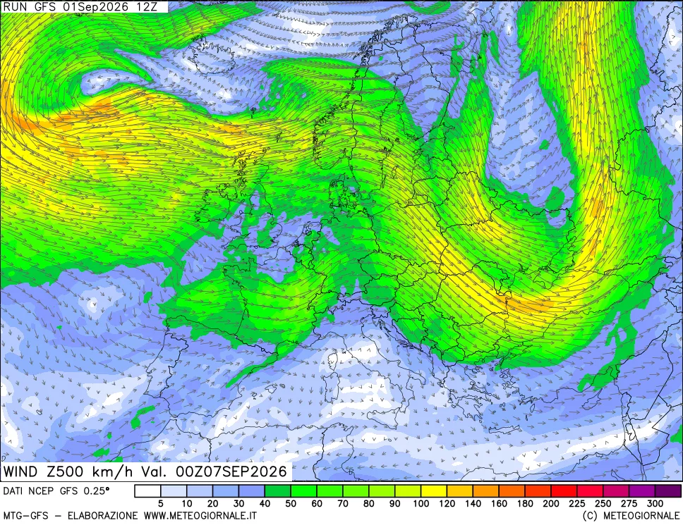 mappa 500 hPa Vento forza e direzione