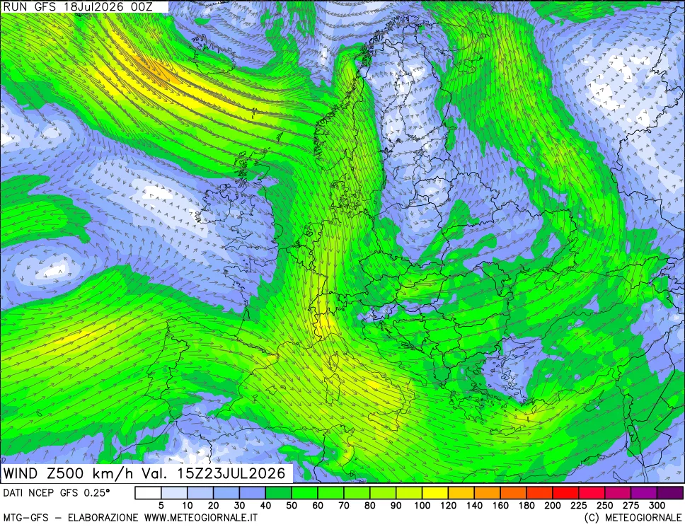 mappa 500 hPa Vento forza e direzione