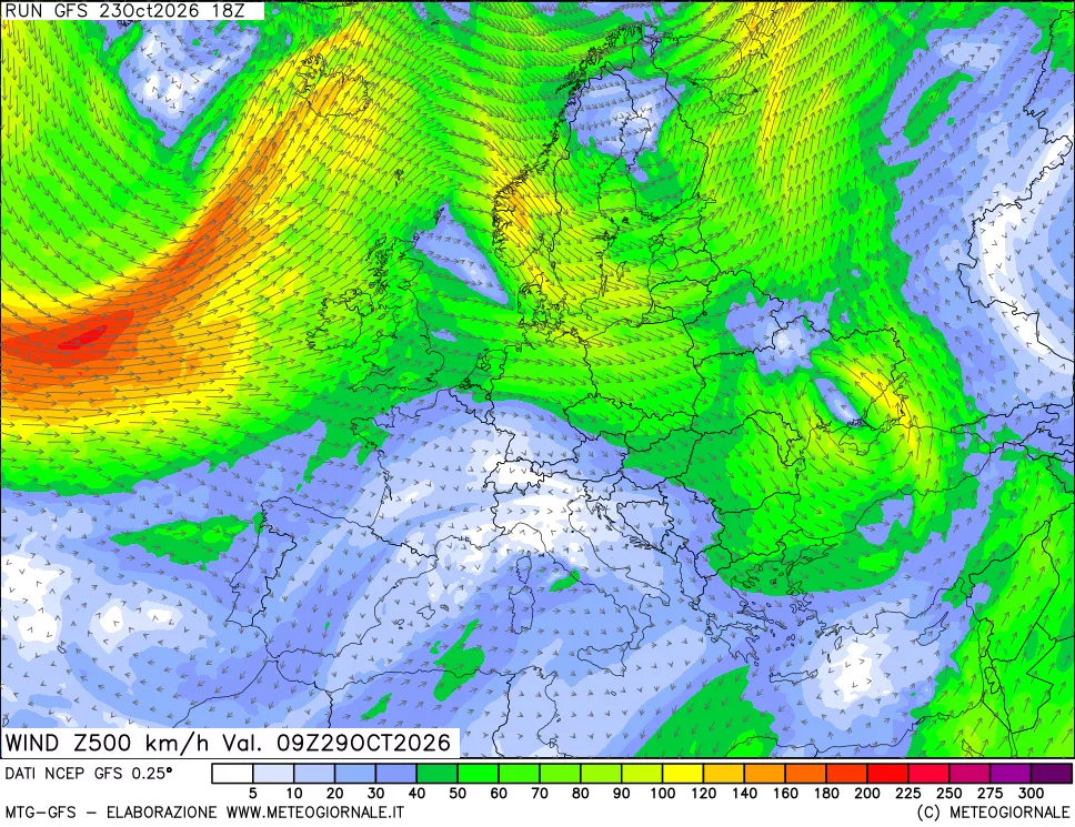 mappa 500 hPa Vento forza e direzione
